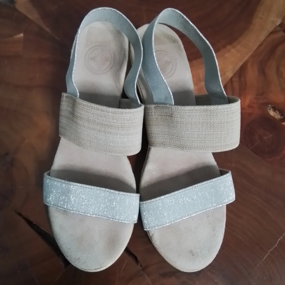 Charleston Shoe Co. Cooper Silver Metallic/Tan/Linen Espadrille Wedge Sandal - 7